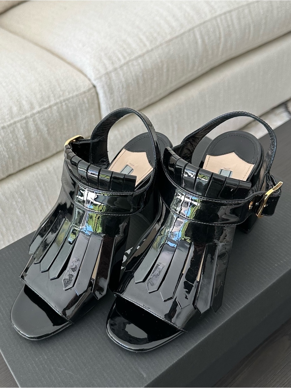 PRADA Black Patent Leather Fringe Slingback Block Heels, Authentic